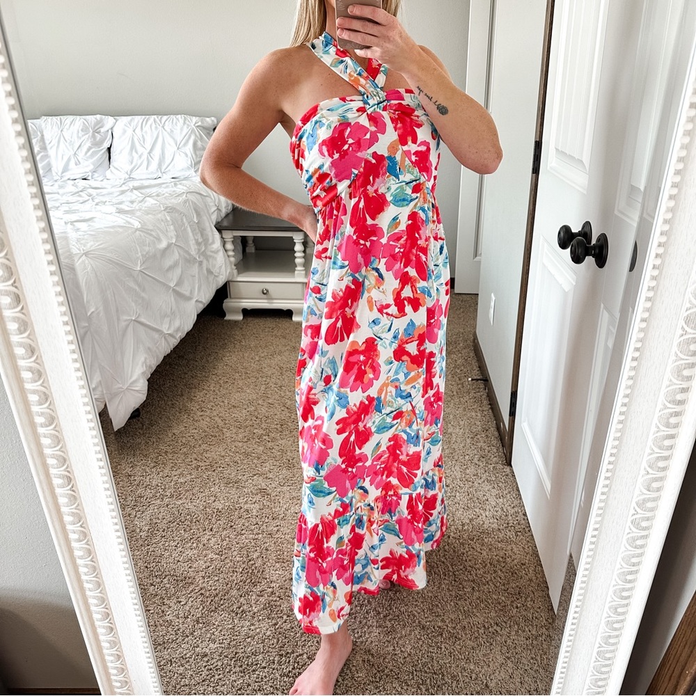 NWT GRACE KARIN Criss Cross Halter Neck Floral Print Maxi Dress Medium